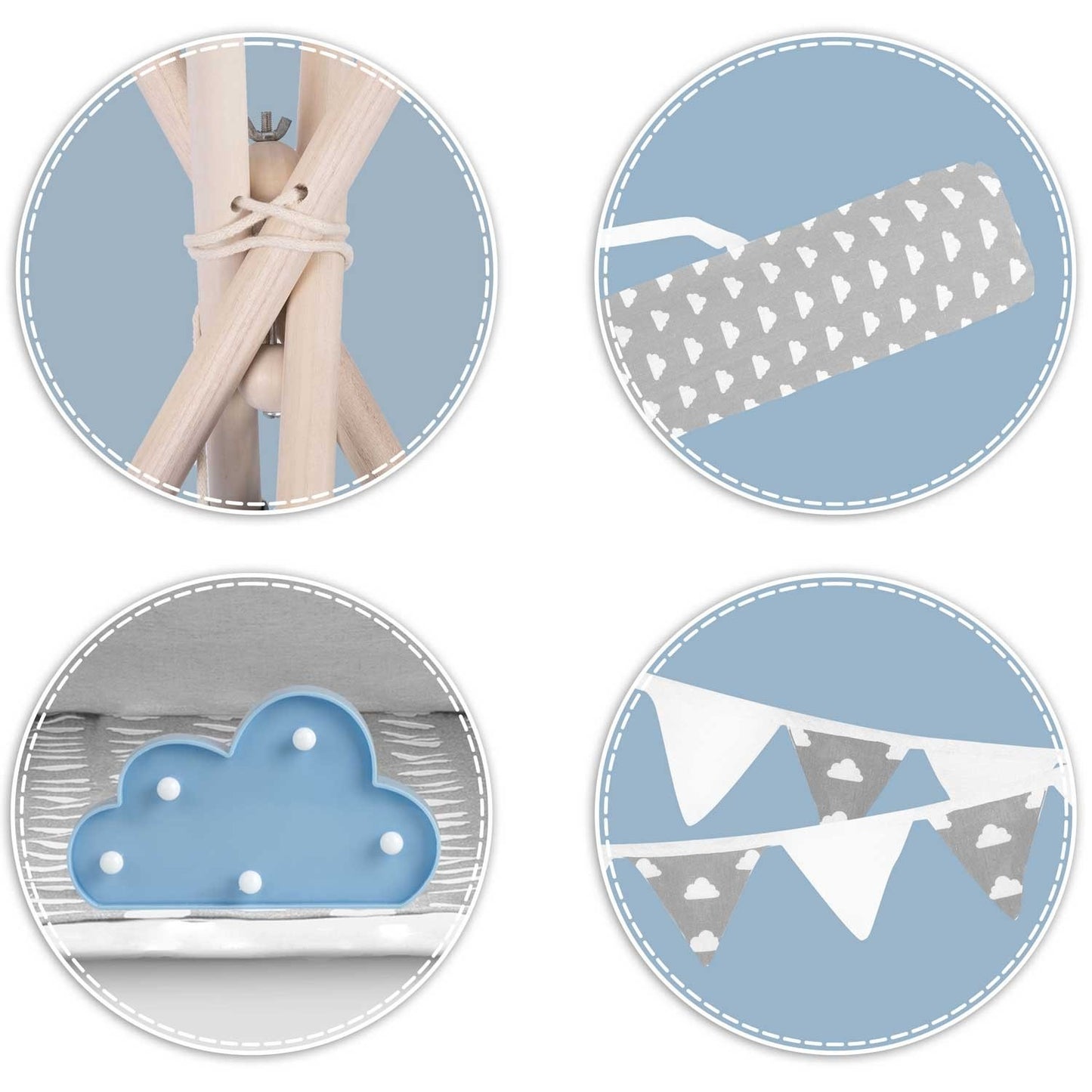 Teepee tent for children with garland and lights - light gray with clouds