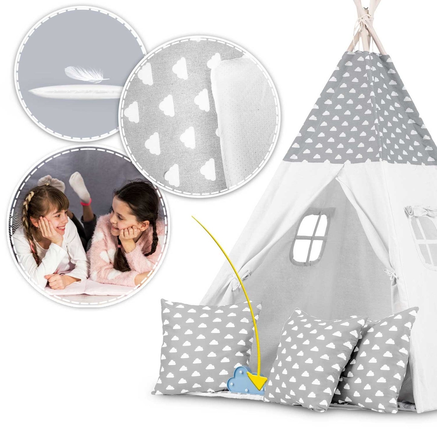 Teepee tent for children with garland and lights - light gray with clouds