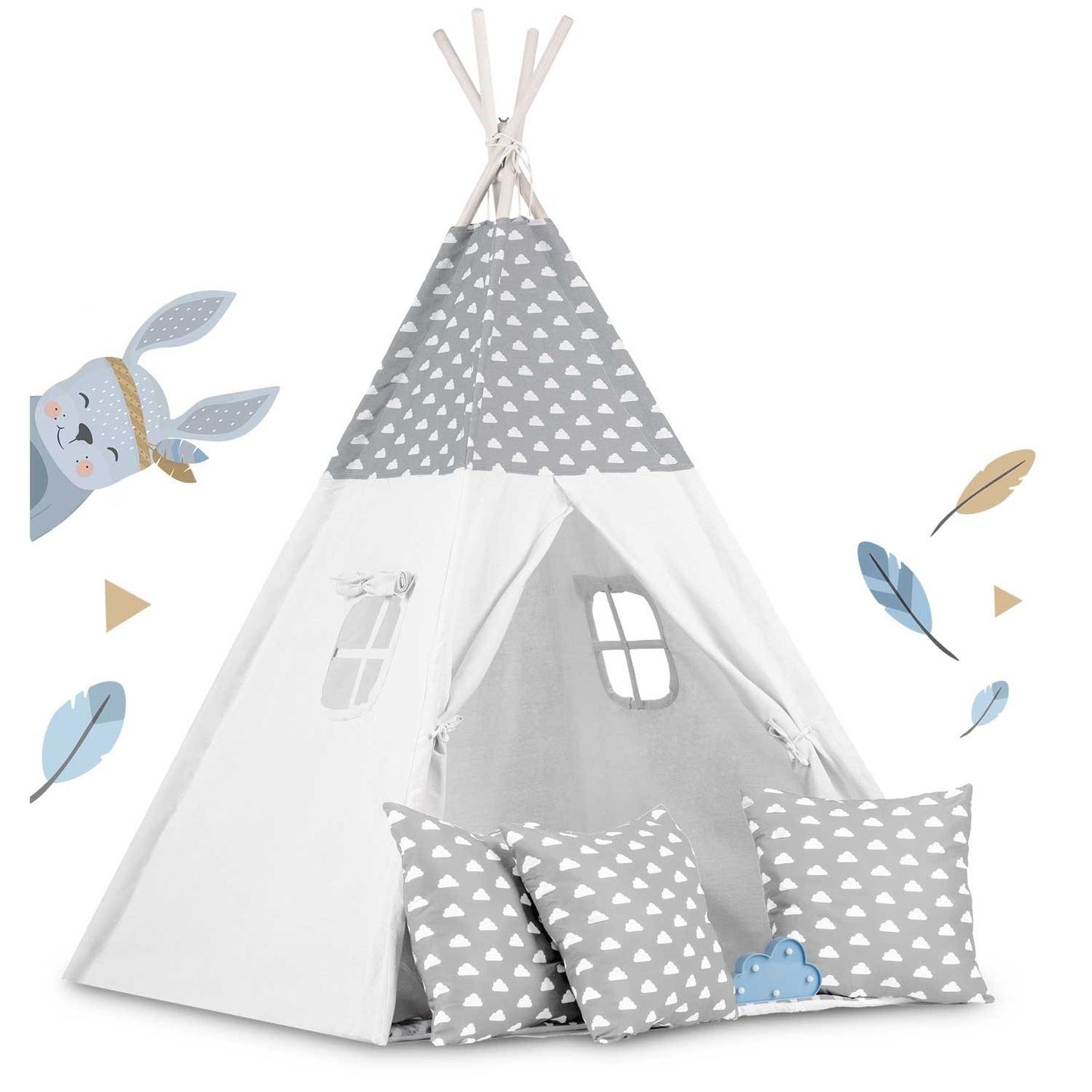 Teepee tent for children with garland and lights - light gray with clouds