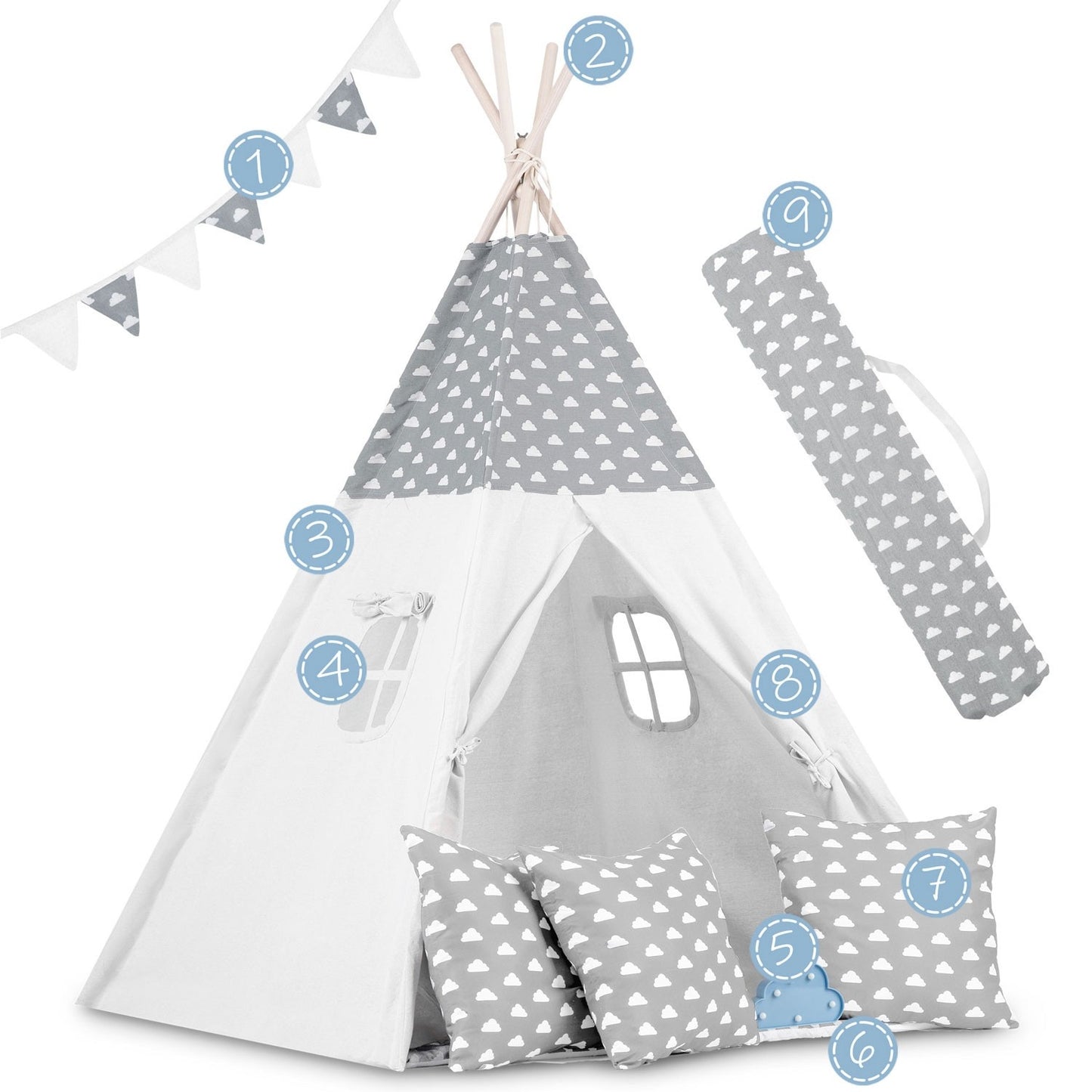Teepee tent for children with garland and lights - light gray with clouds