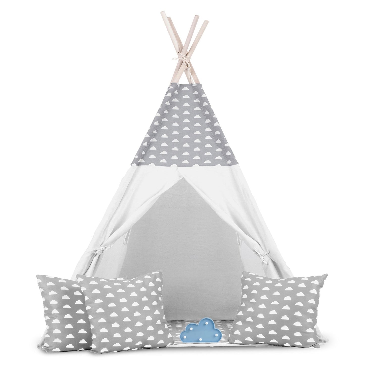Teepee tent for children with garland and lights - light gray with clouds