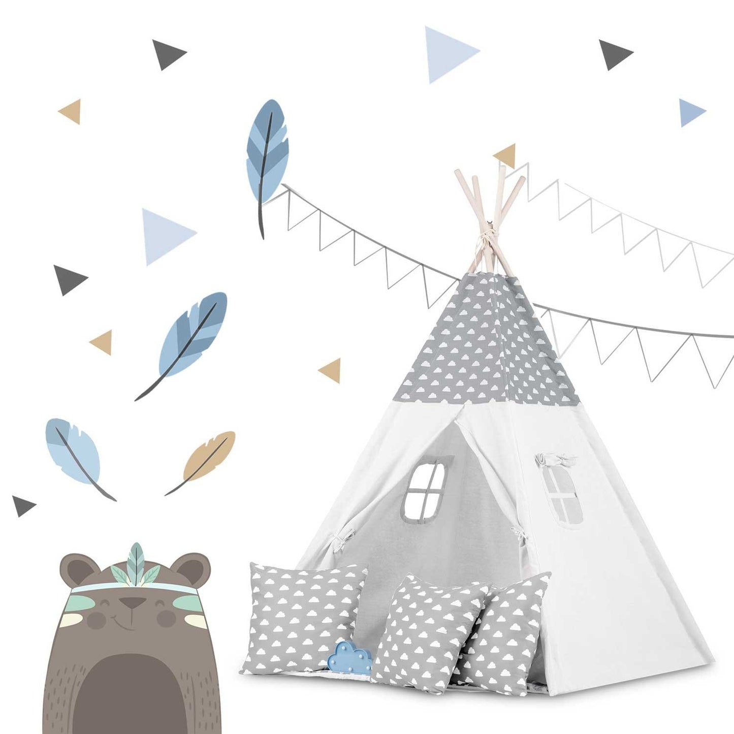 Teepee tent for children with garland and lights - light gray with clouds