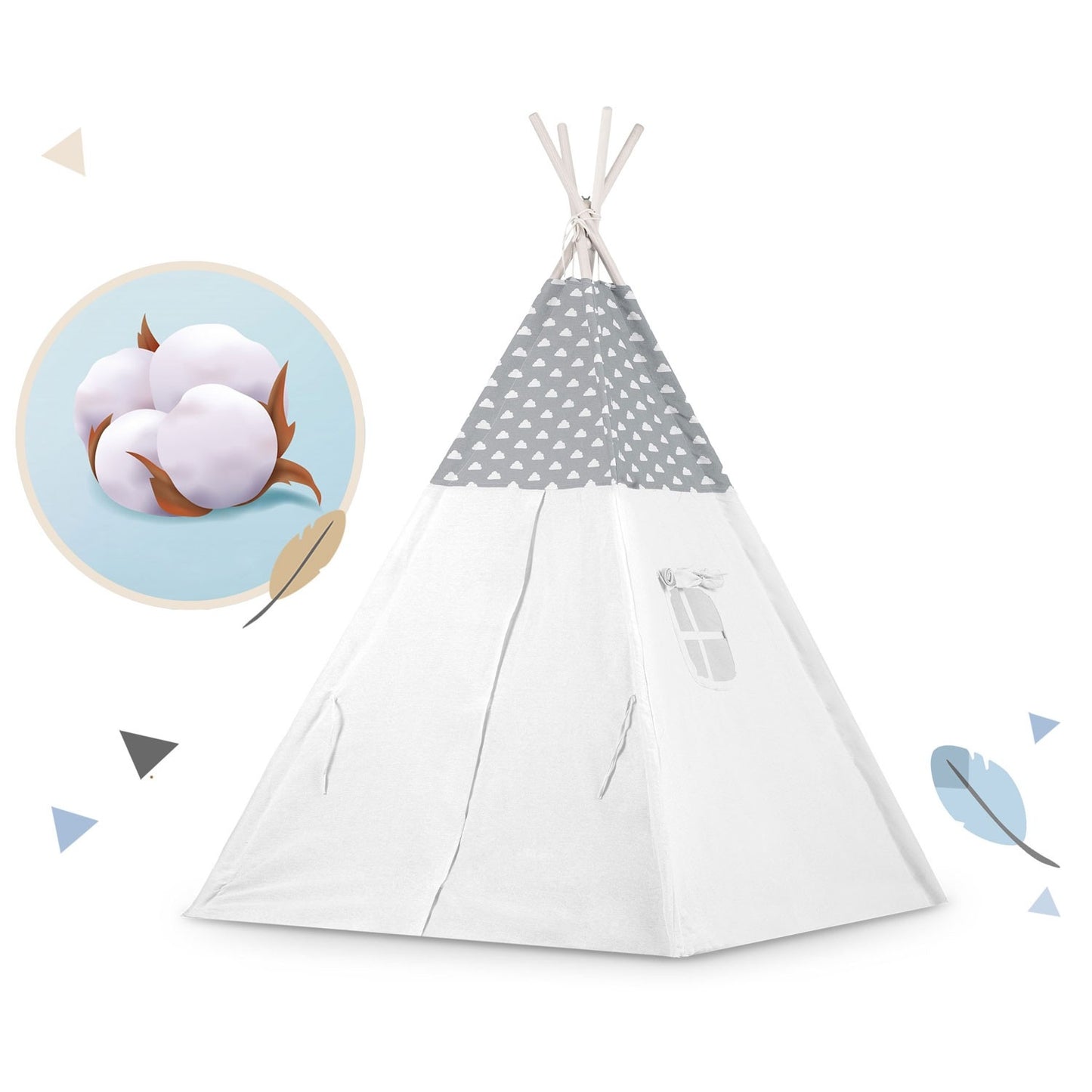 Teepee tent for children with garland and lights - light gray with clouds