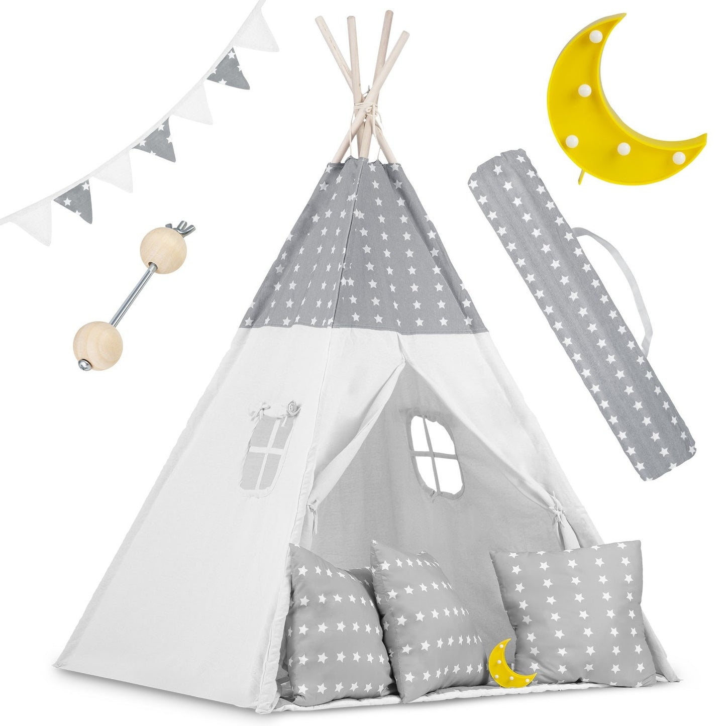 Teepee tent for children with garland and lights - light gray with stars