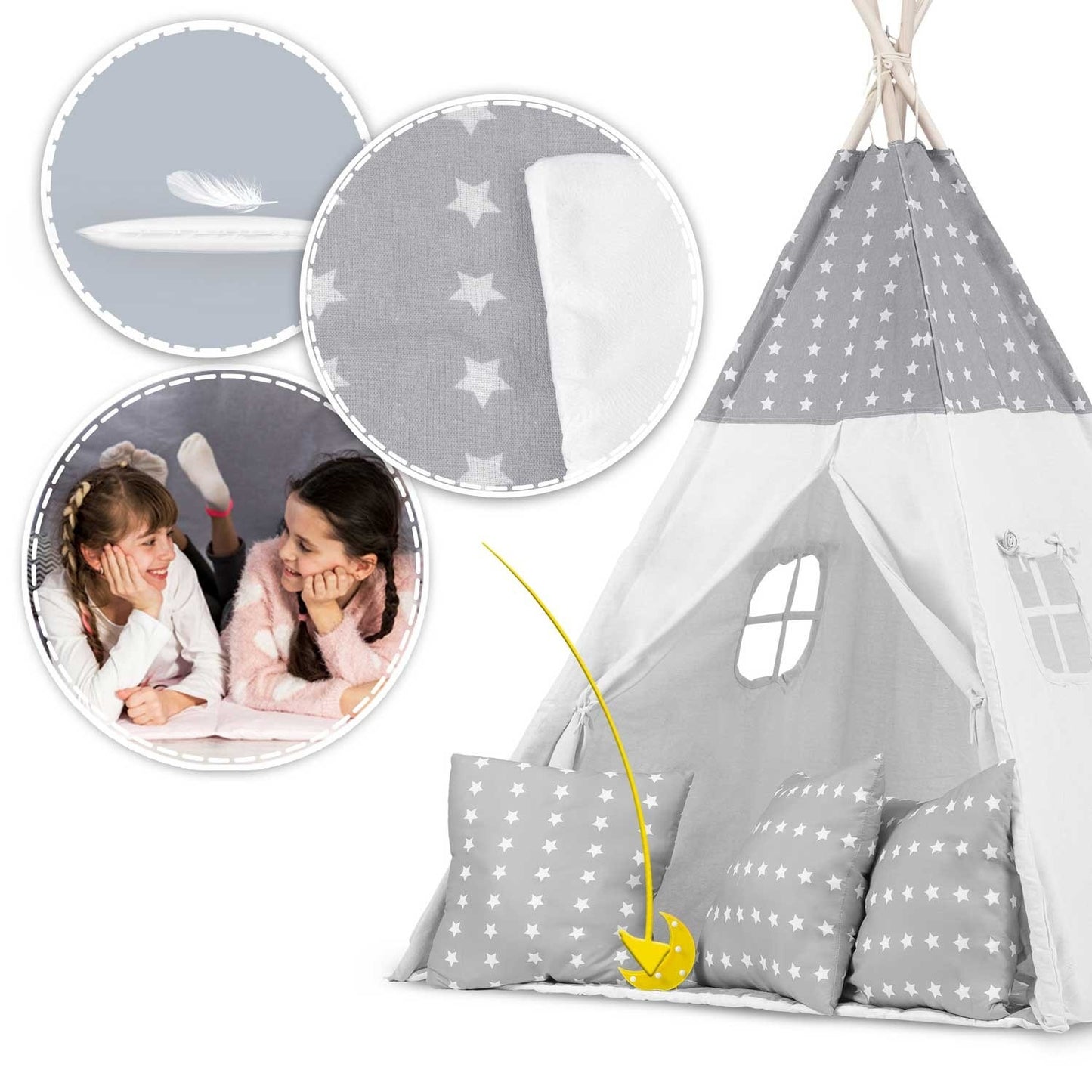 Teepee tent for children with garland and lights - light gray with stars