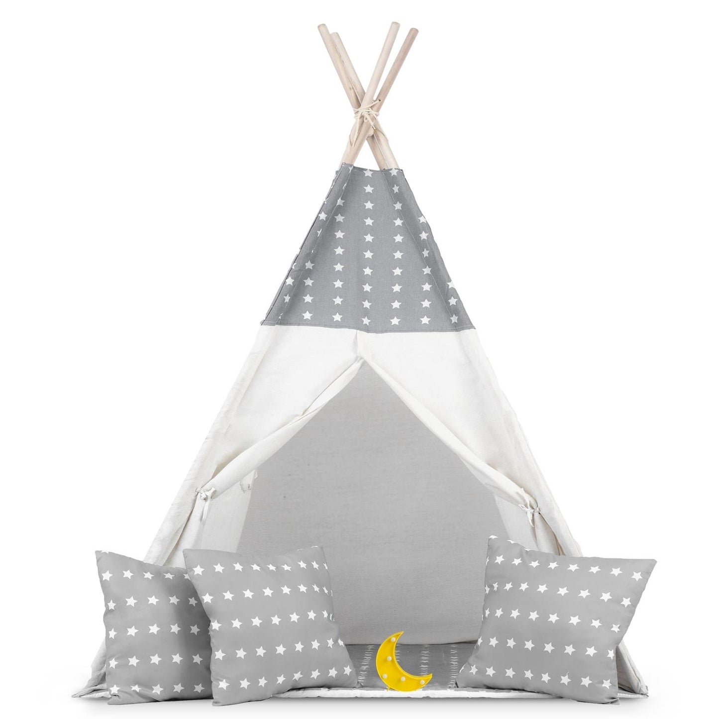 Teepee tent for children with garland and lights - light gray with stars