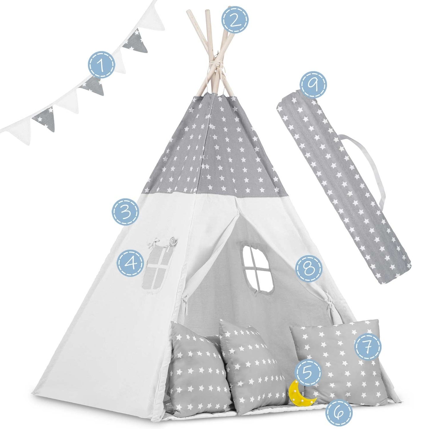 Teepee tent for children with garland and lights - light gray with stars