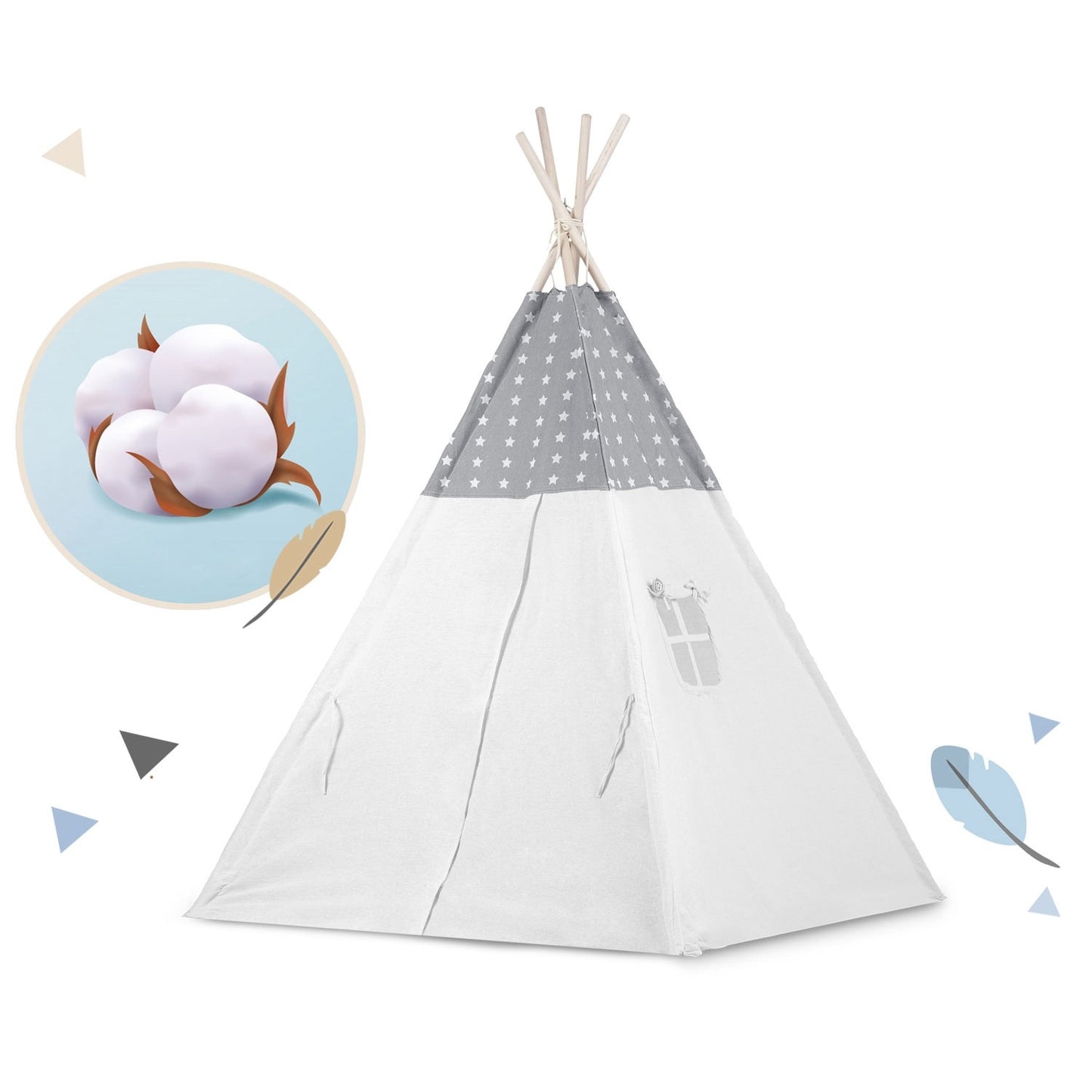 Teepee tent for children with garland and lights - light gray with stars