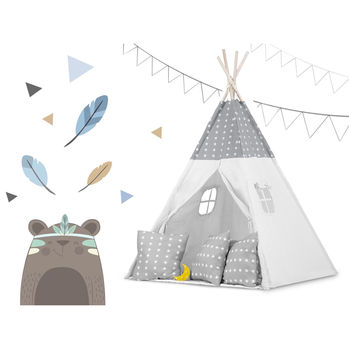 Teepee tent for children with garland and lights - light gray with stars