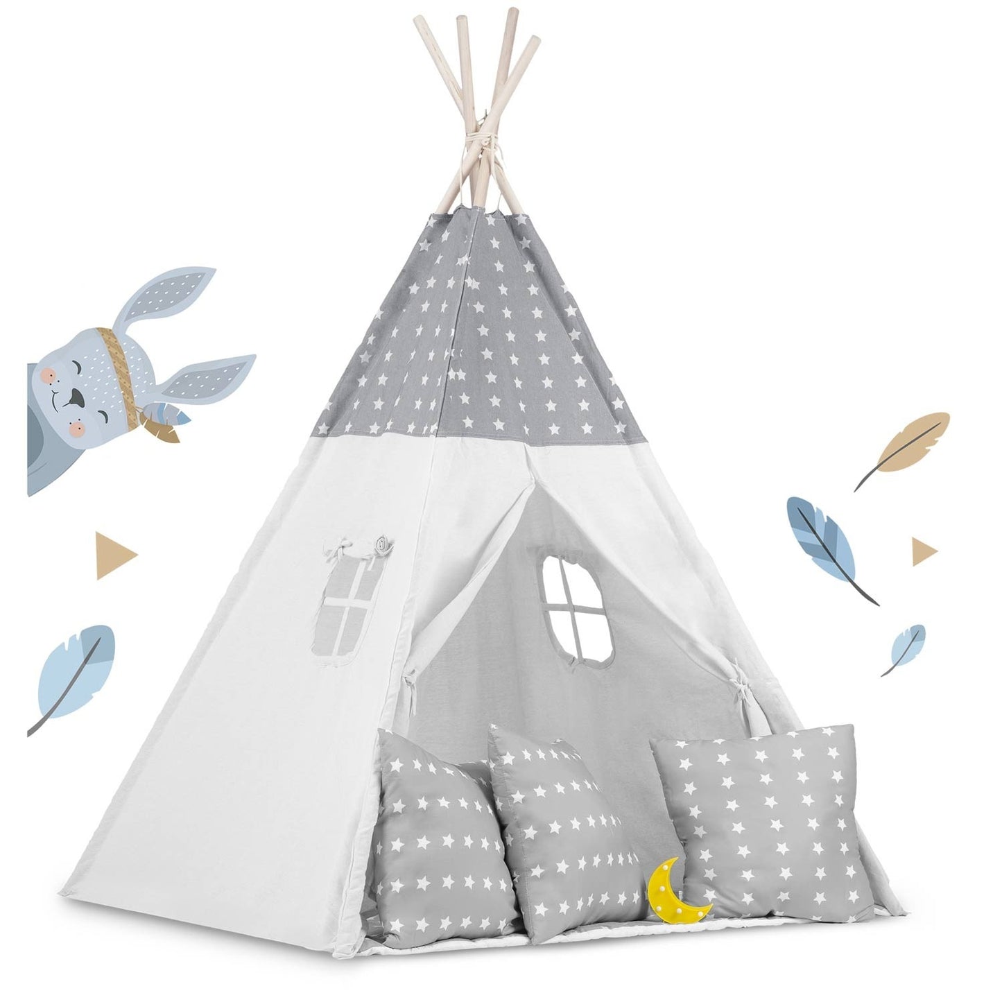 Teepee tent for children with garland and lights - light gray with stars
