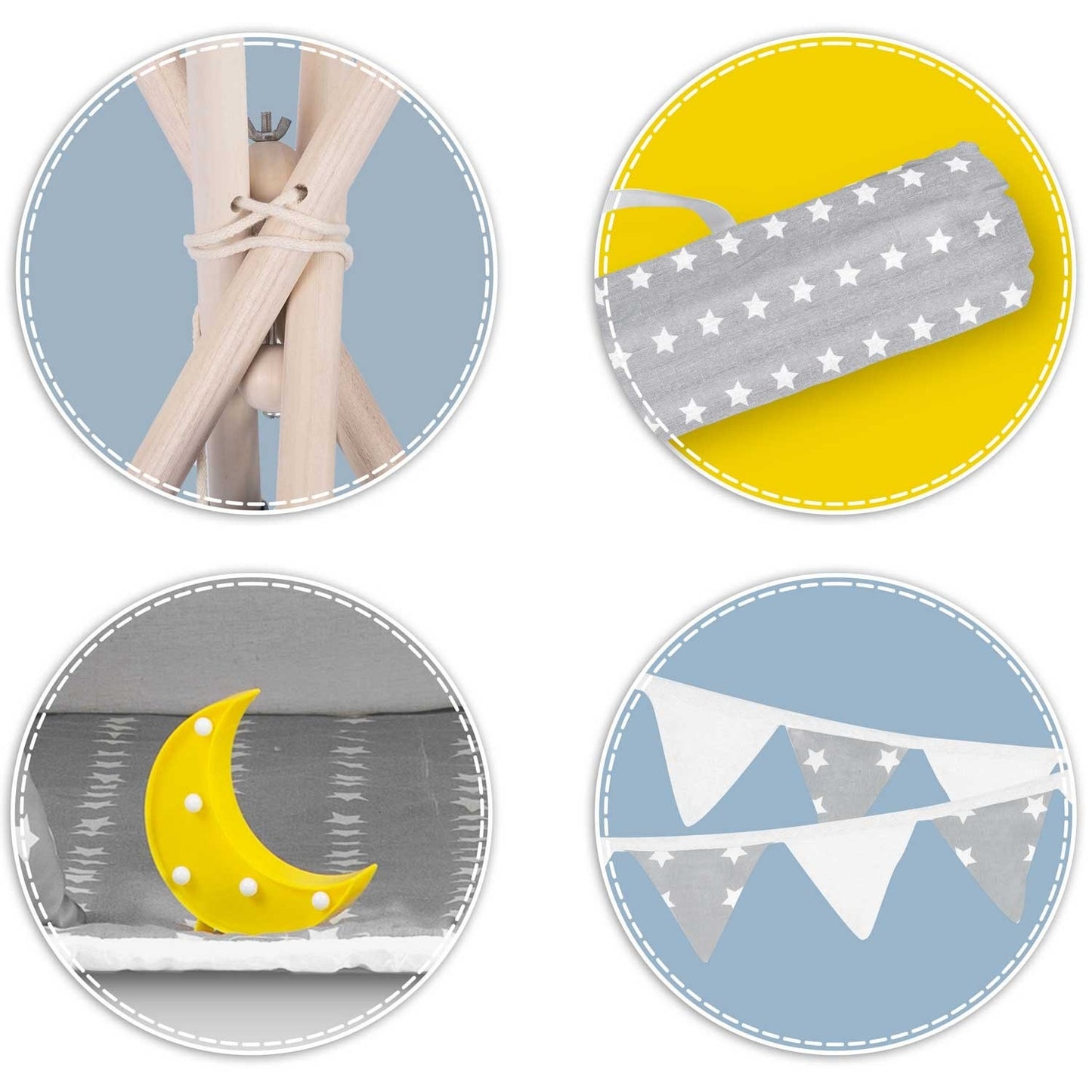 Teepee tent for children with garland and lights - light gray with stars