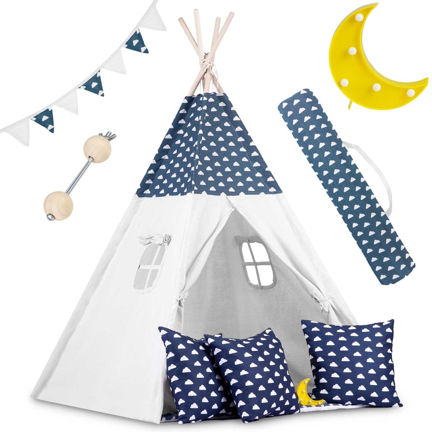 Teepee tent for children with garland and lights - navy blue with clouds