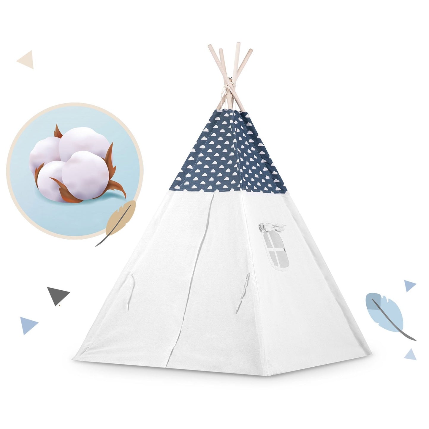 Teepee tent for children with garland and lights - navy blue with clouds