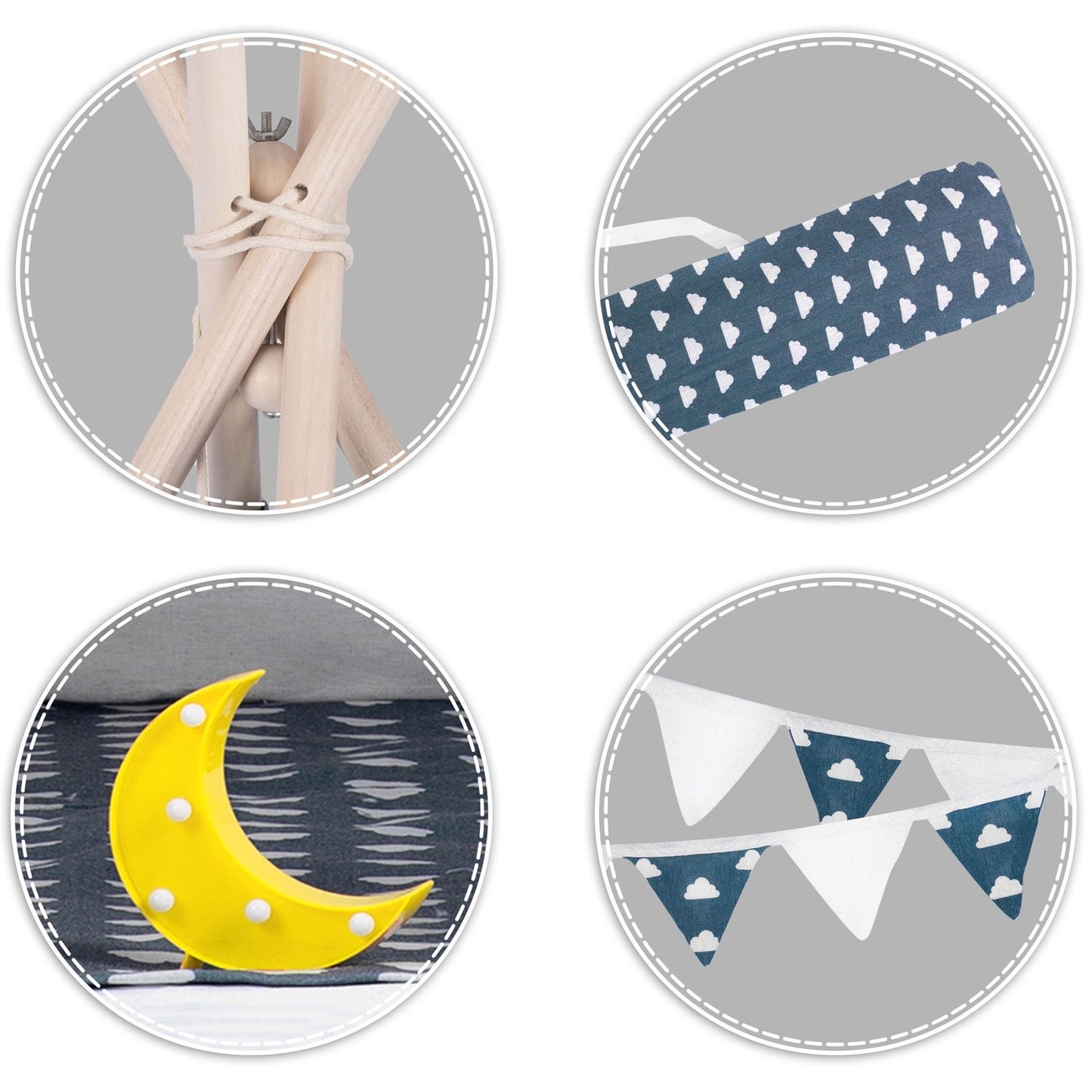 Teepee tent for children with garland and lights - navy blue with clouds