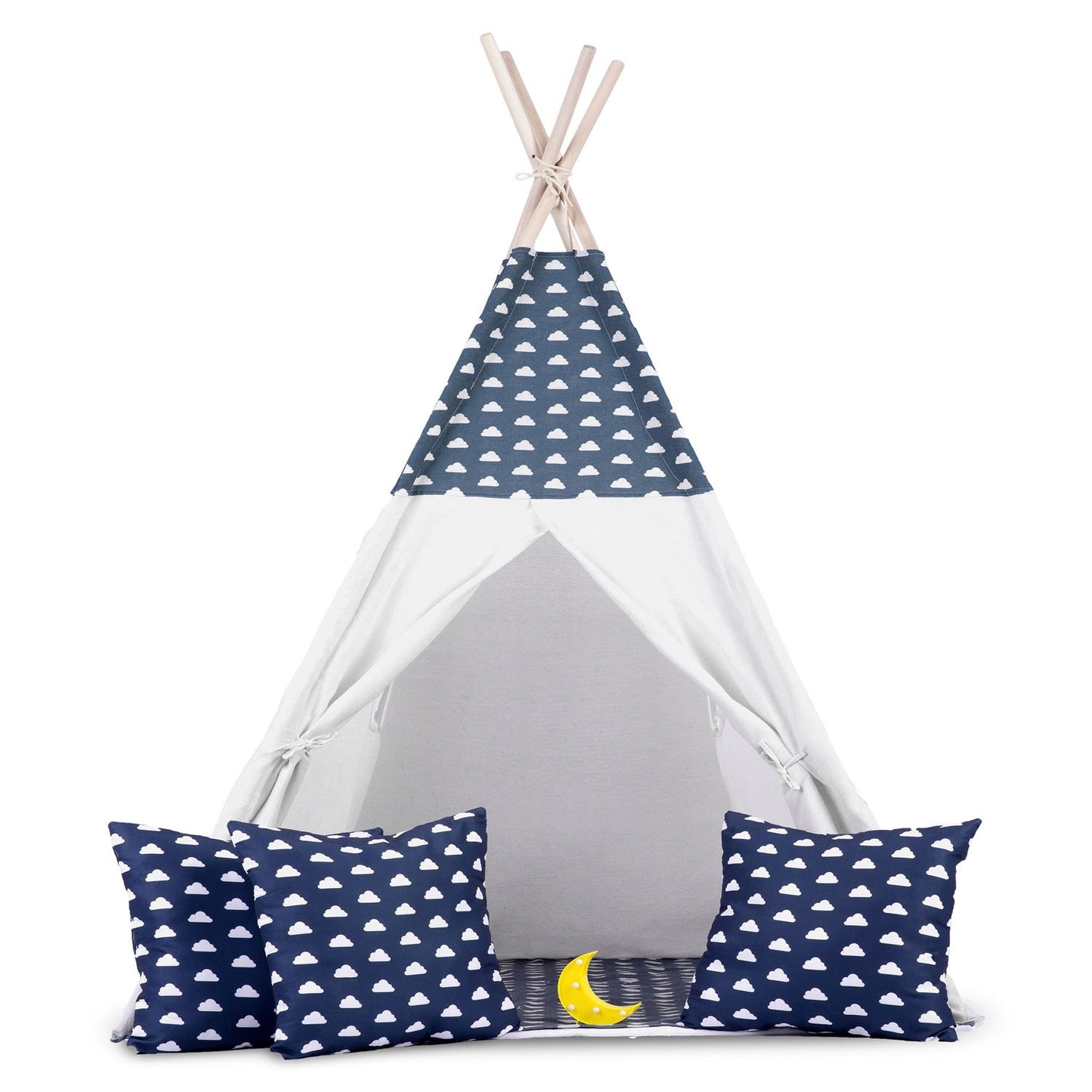 Teepee tent for children with garland and lights - navy blue with clouds