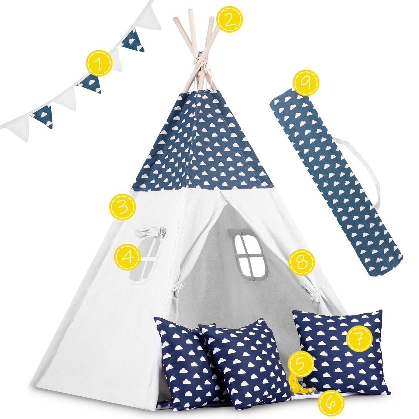 Teepee tent for children with garland and lights - navy blue with clouds