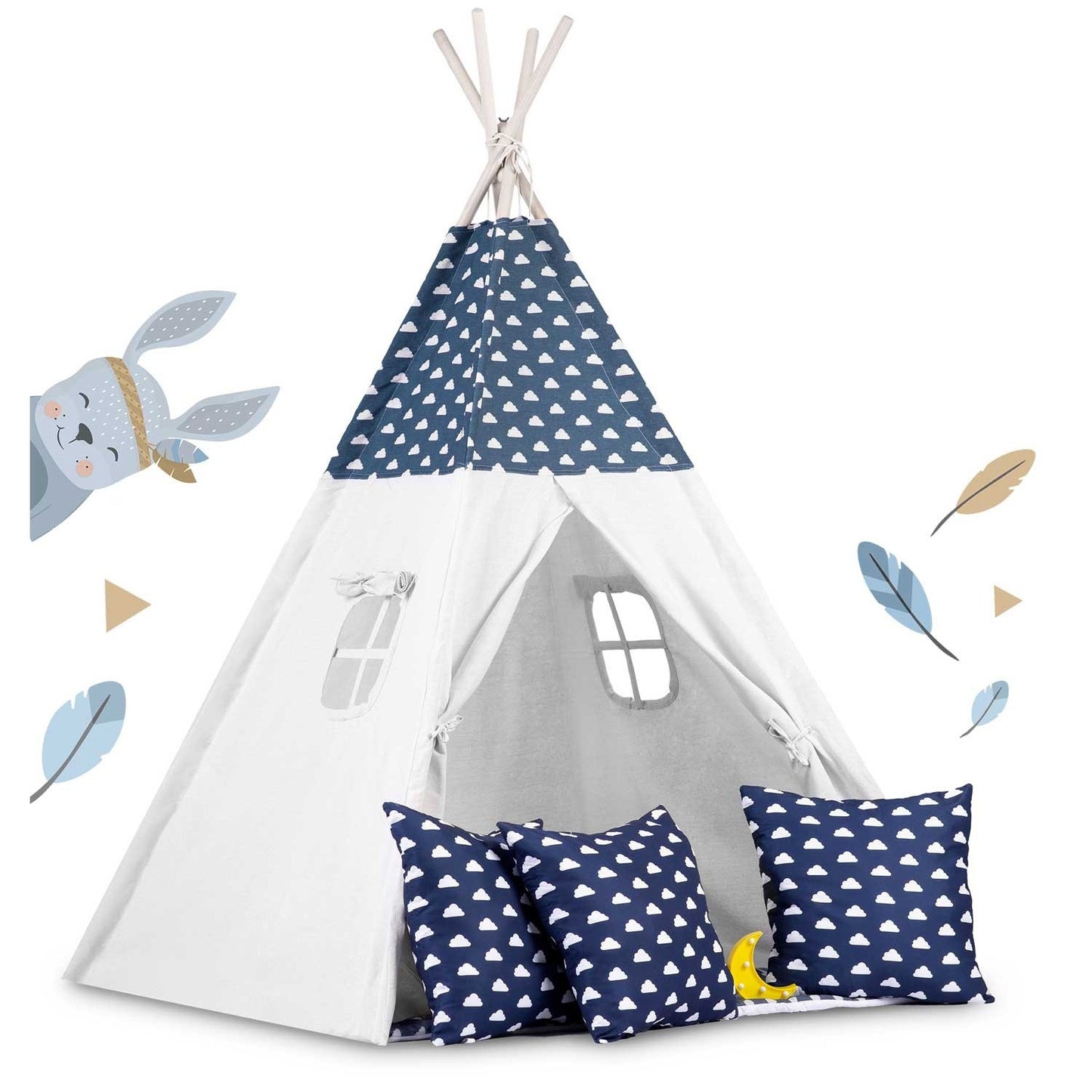 Teepee tent for children with garland and lights - navy blue with clouds