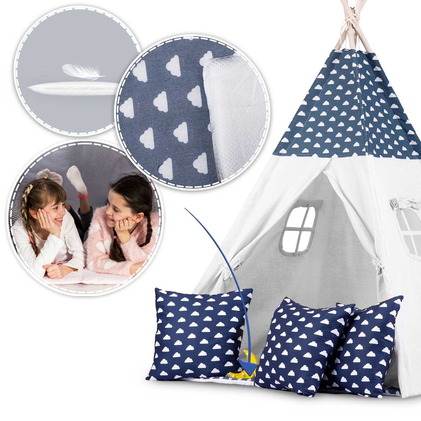 Teepee tent for children with garland and lights - navy blue with clouds