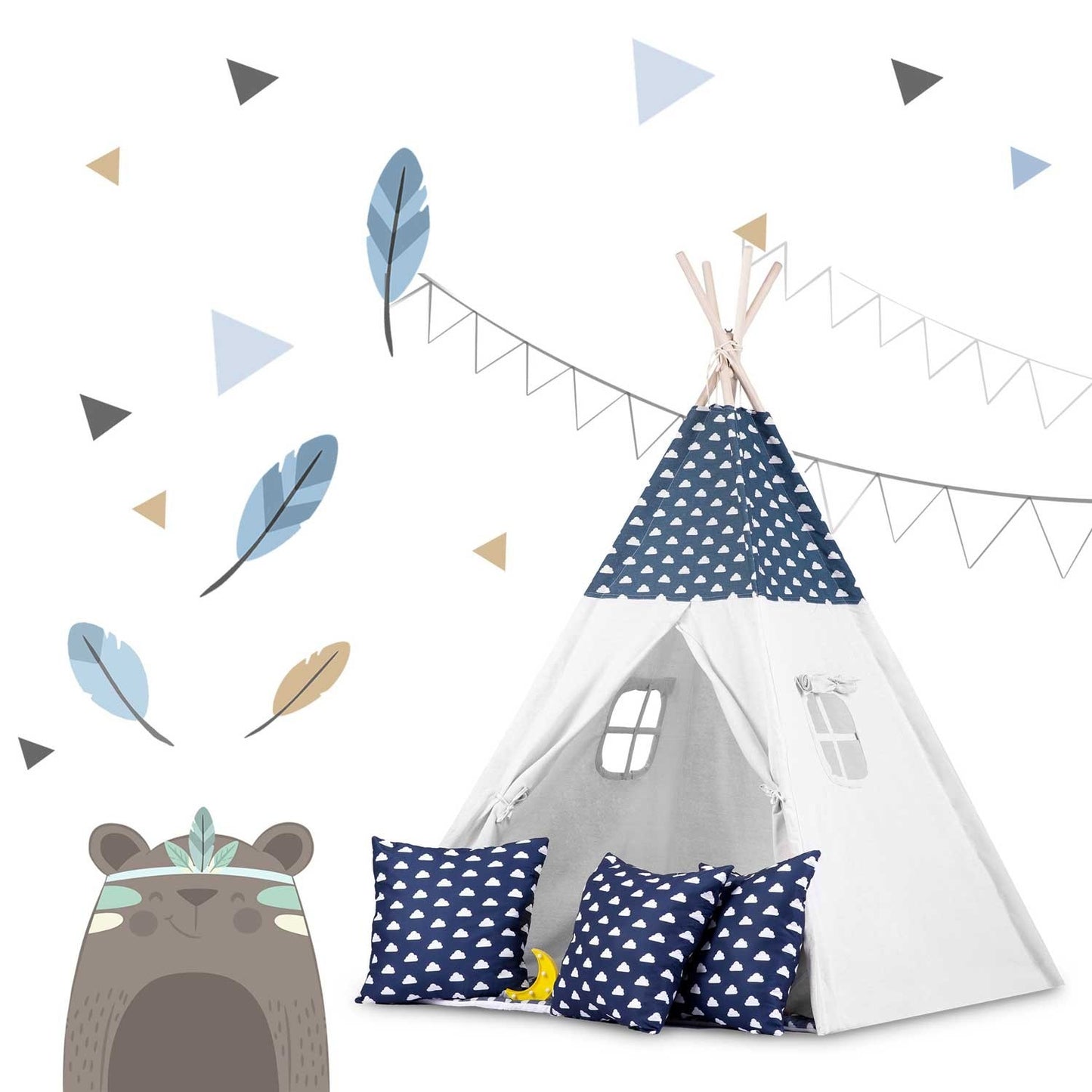 Teepee tent for children with garland and lights - navy blue with clouds