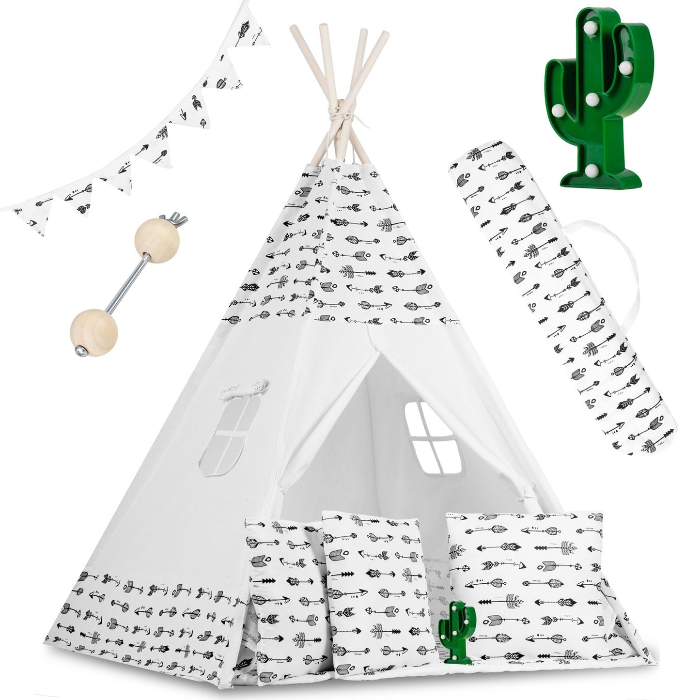 Teepee tent for children with garland and lights - white with arrows