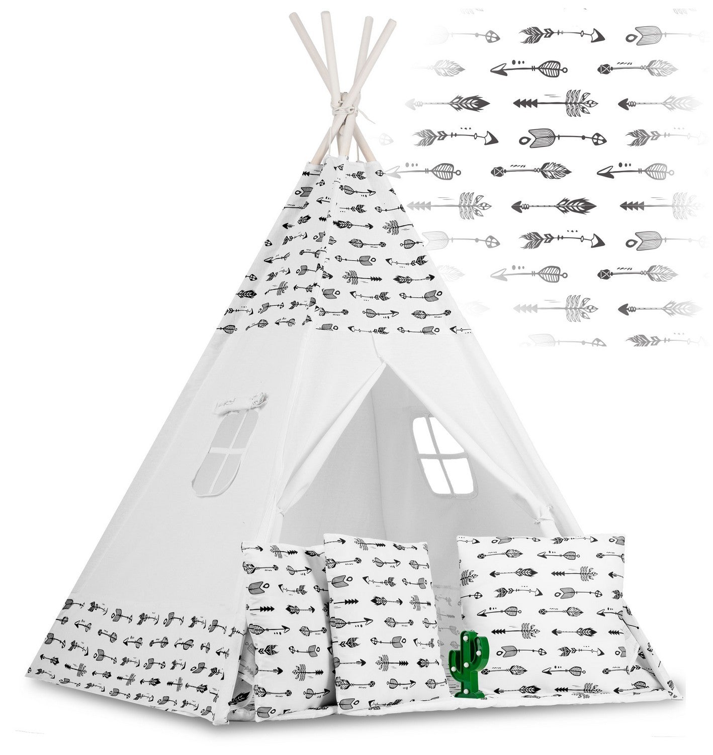 Teepee tent for children with garland and lights - white with arrows