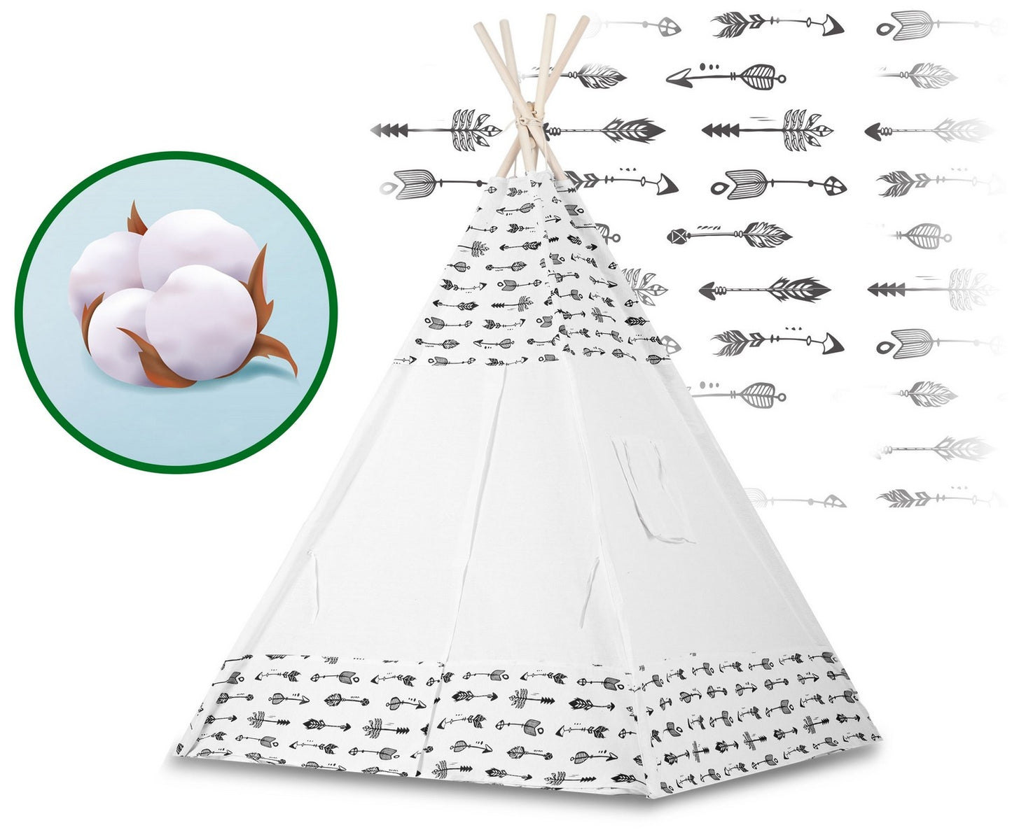 Teepee tent for children with garland and lights - white with arrows