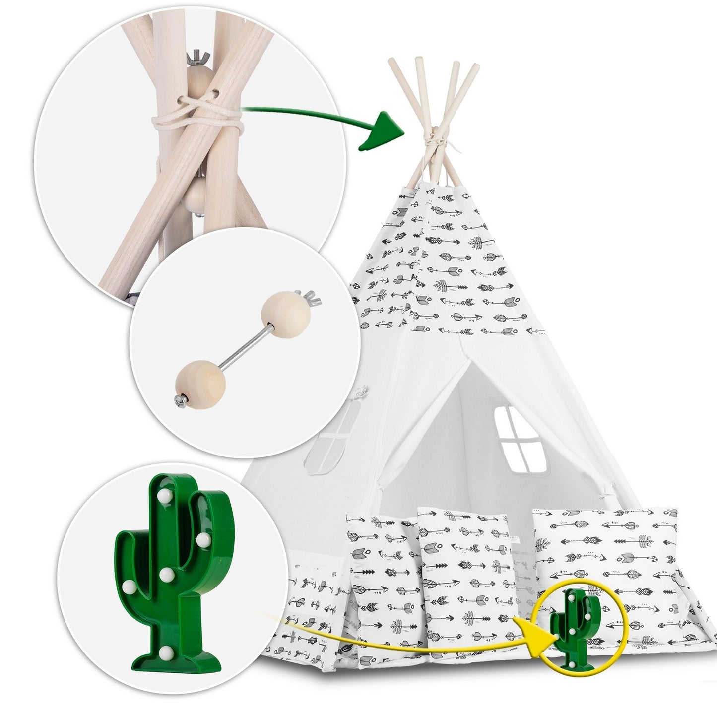 Teepee tent for children with garland and lights - white with arrows
