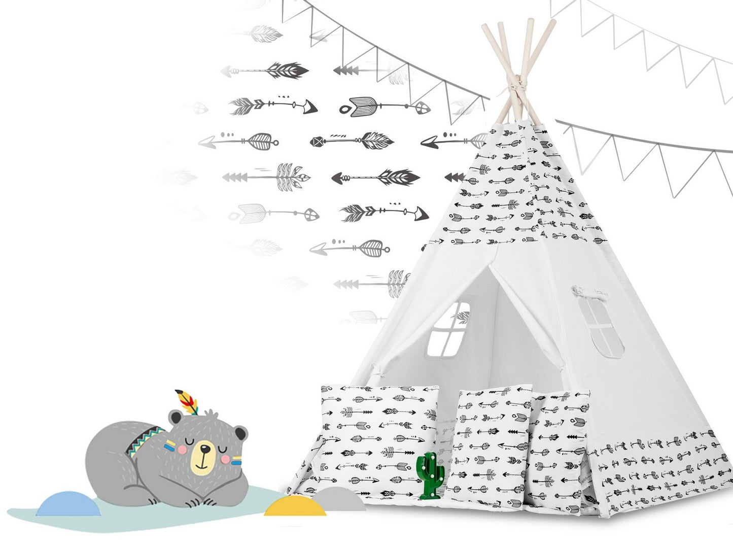 Teepee tent for children with garland and lights - white with arrows
