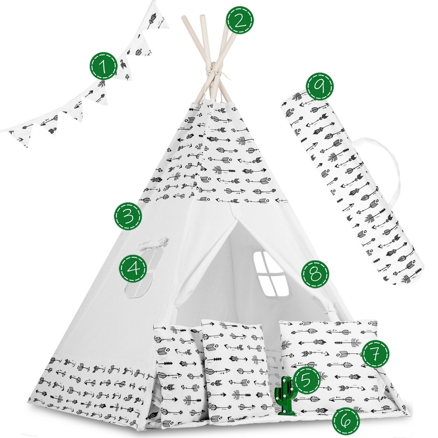 Teepee tent for children with garland and lights - white with arrows