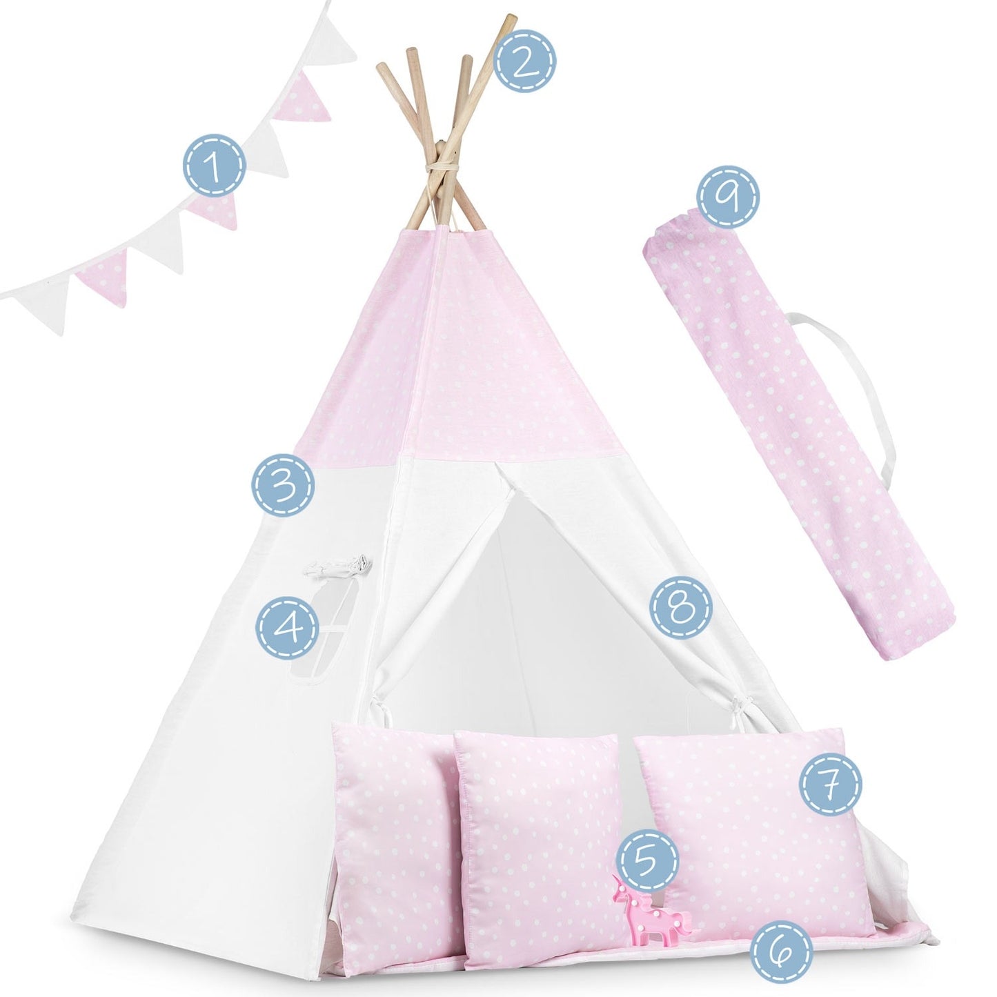 Teepee tent for kids with lights - pink with dots