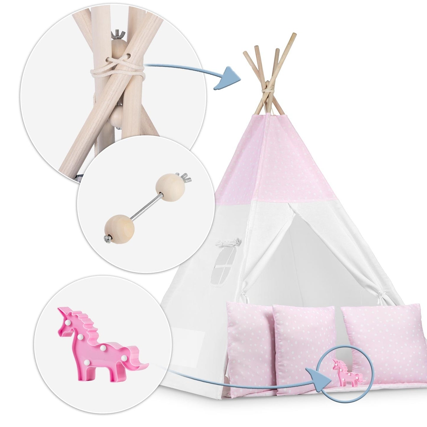 Teepee tent for kids with lights - pink with dots