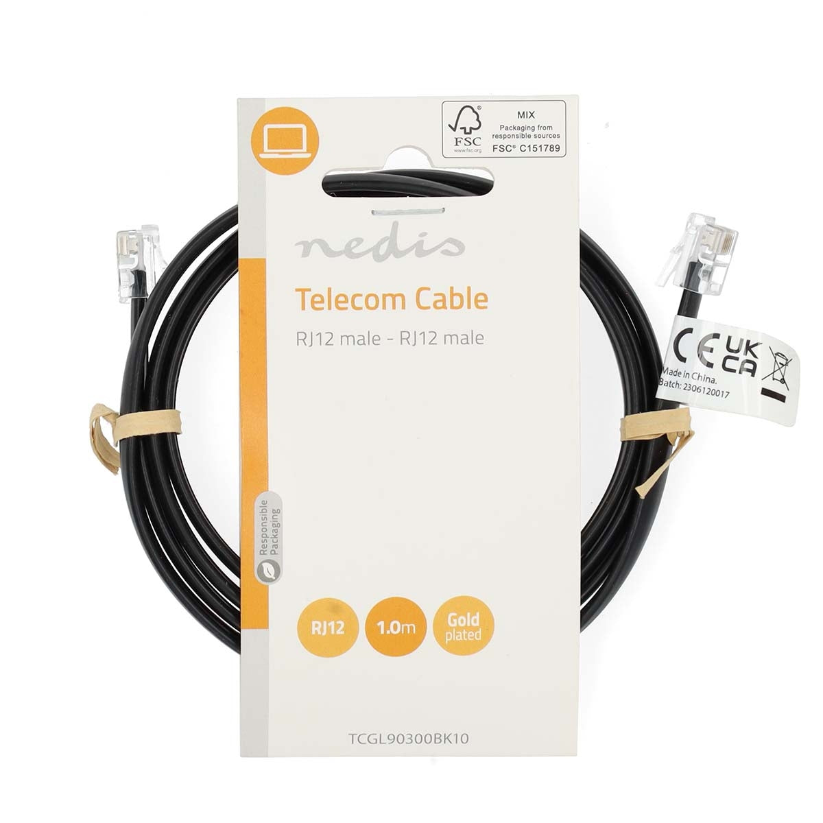 Telecom cable | RJ12 Male | RJ12 Male | 1.00 m | Cable design: Flat | Cable type: RJ12 | Black