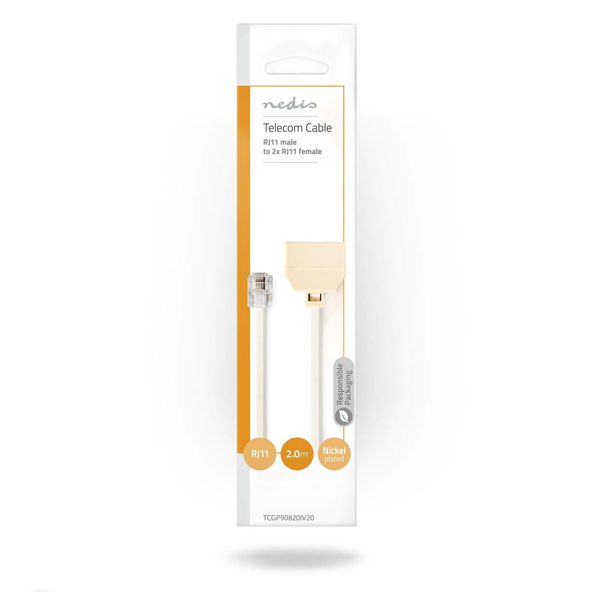 Telecom extension cable | RJ11 Male | 2x RJ11 (4/6) Female | 2.00 m | Cable design: Flat | Cable type: RJ11 | Ivory