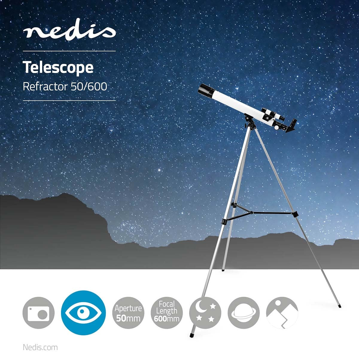 Telescope | Aperture: 50 mm | Focal length: 600 mm | Finder scope: 5 x 24 | Maximum working height: 125 cm | Tripod | Black / White