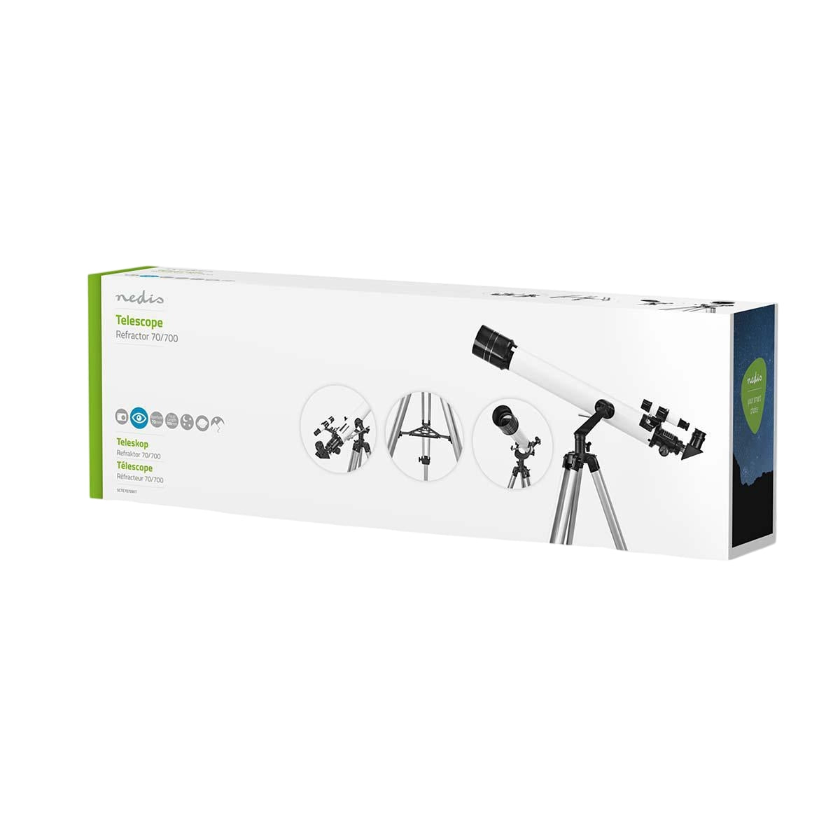 Telescope | Aperture: 70 mm | Focal length: 700 mm | Finderscope: 5 x 24 | Maximum working height: 125 cm | Tripod | Black / White