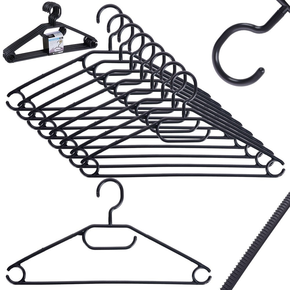 Ten rotating clothes hangers in black plastic – practical solution
