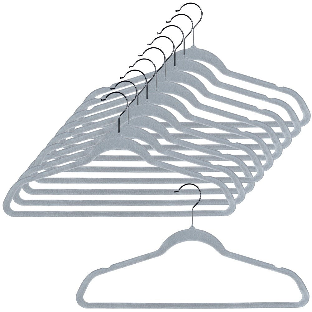 Ten rotating clothes hangers in durable gray velvet fabric