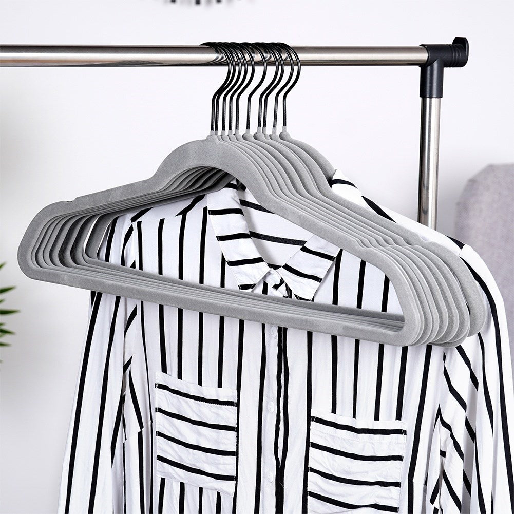 Ten rotating clothes hangers in durable gray velvet fabric