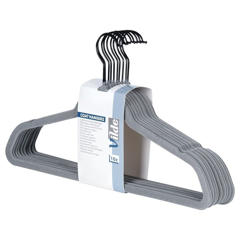 Ten rotating clothes hangers in durable gray velvet fabric