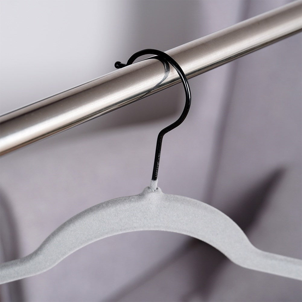 Ten rotating clothes hangers in durable gray velvet fabric