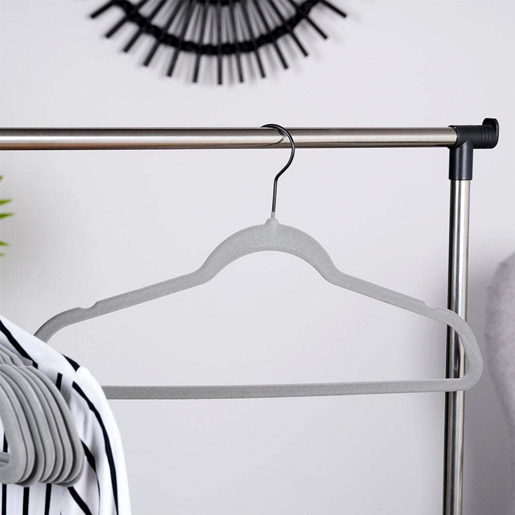 Ten rotating clothes hangers in durable gray velvet fabric