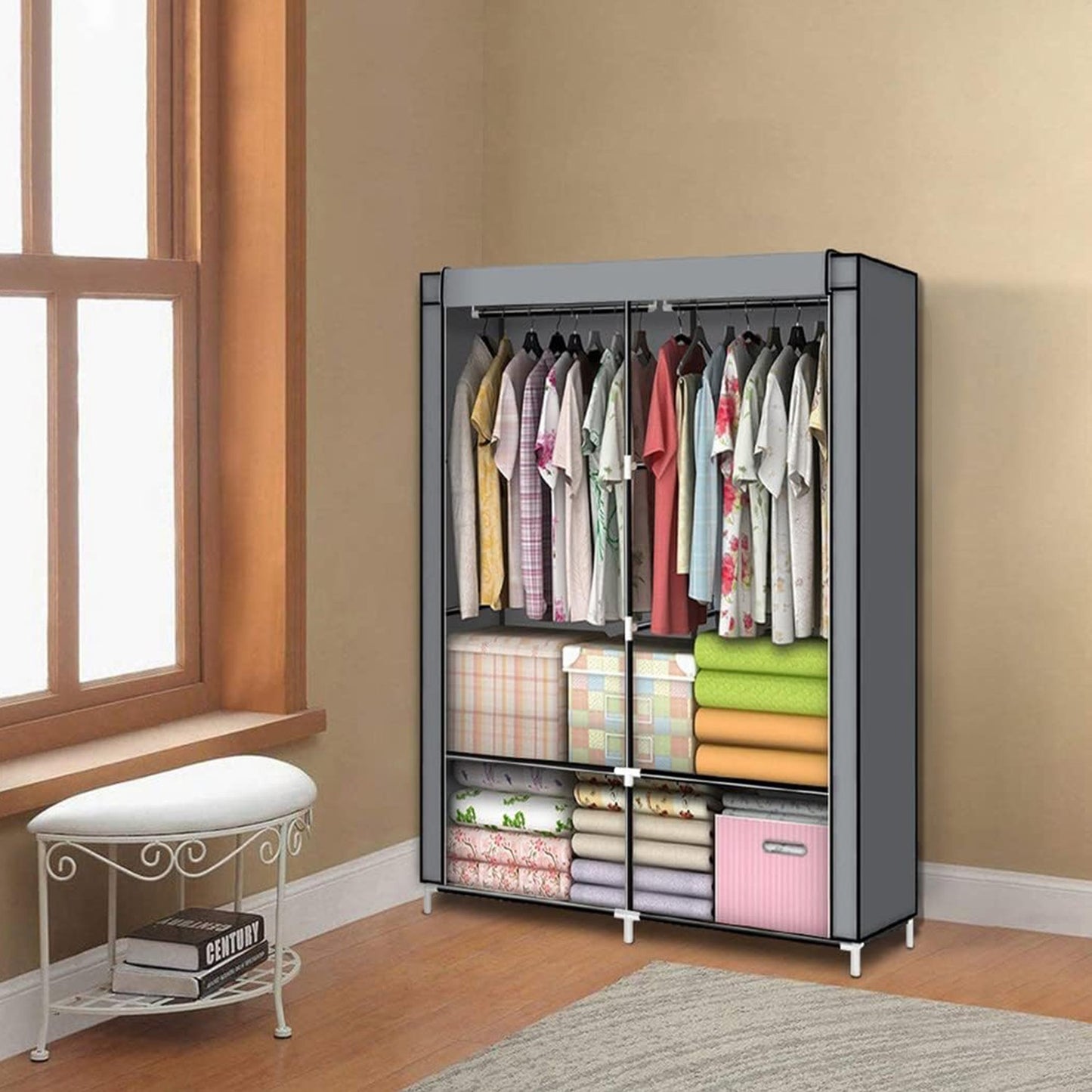 Textile wardrobe - a large fabric wardrobe with shelves for clothes and shoes