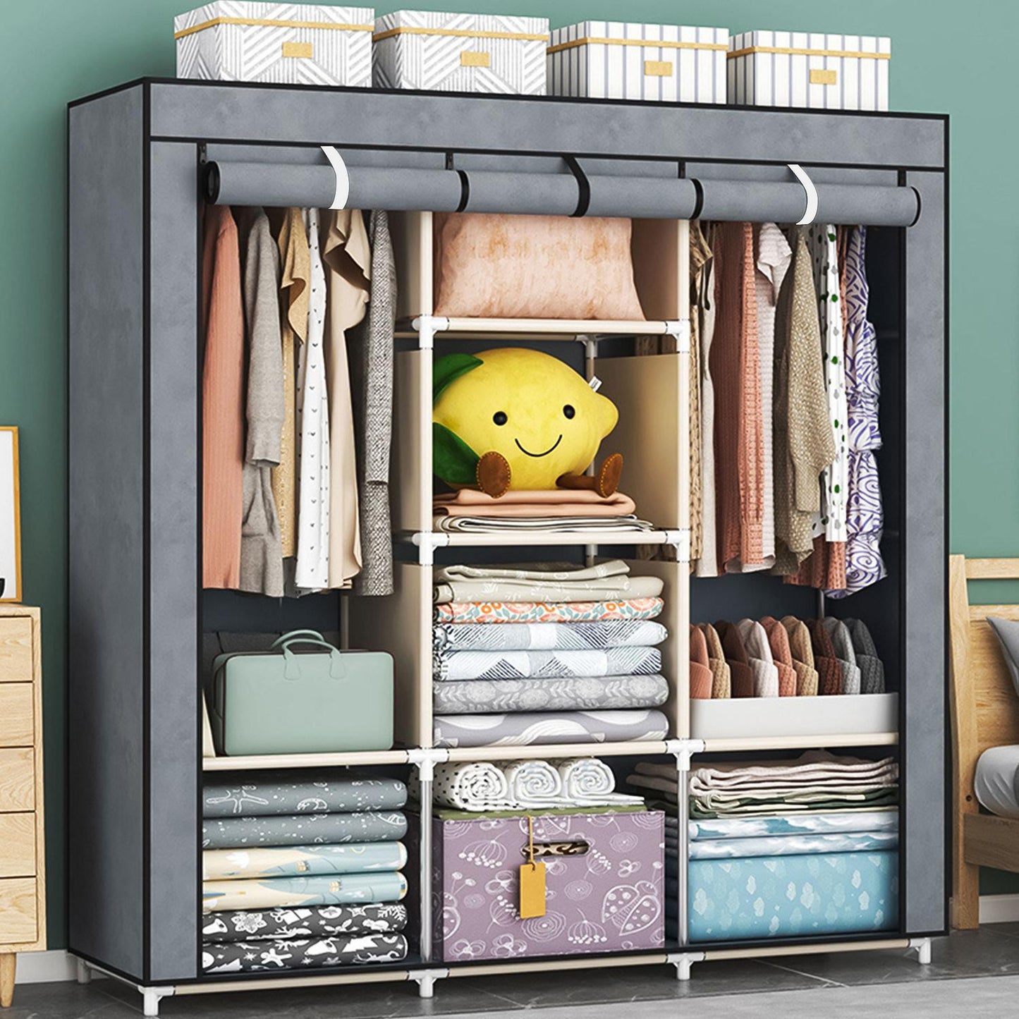 Textile wardrobe - a large fabric wardrobe with shelves for clothes and shoes