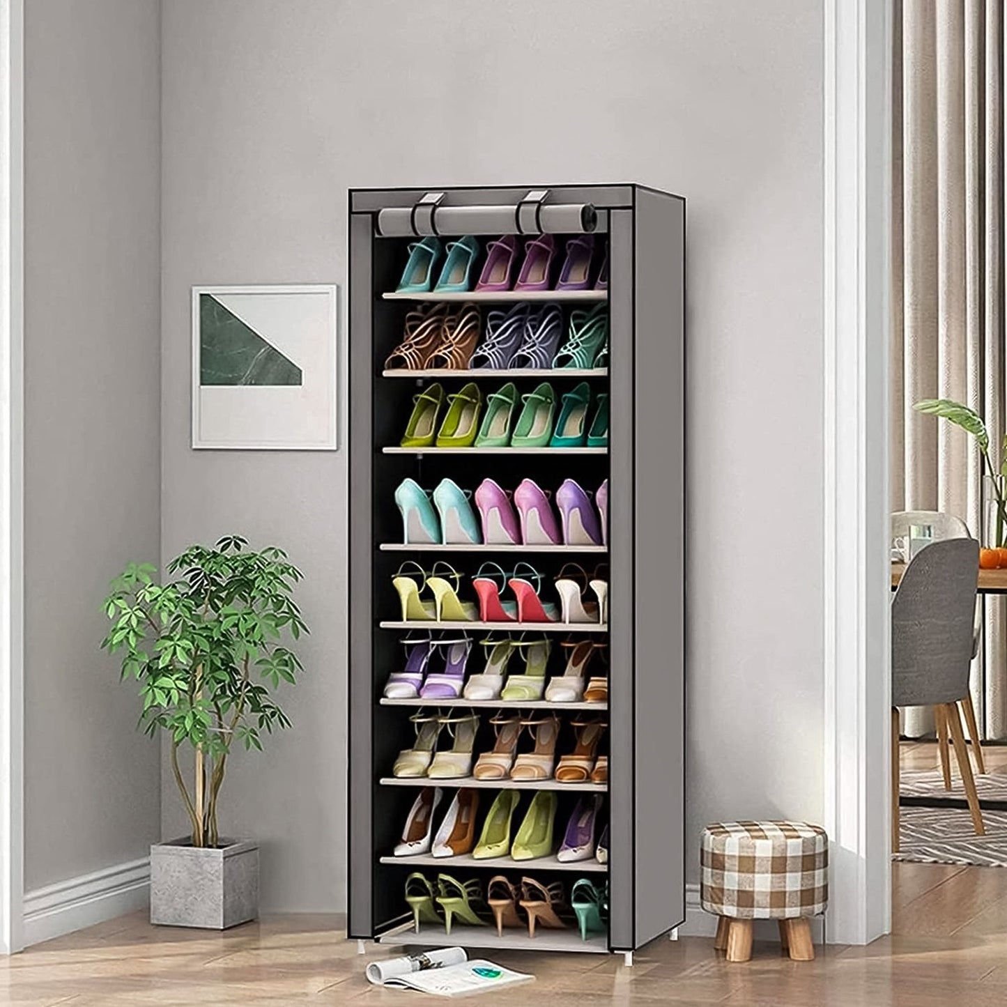 Textile wardrobe with shelves for clothes and shoes