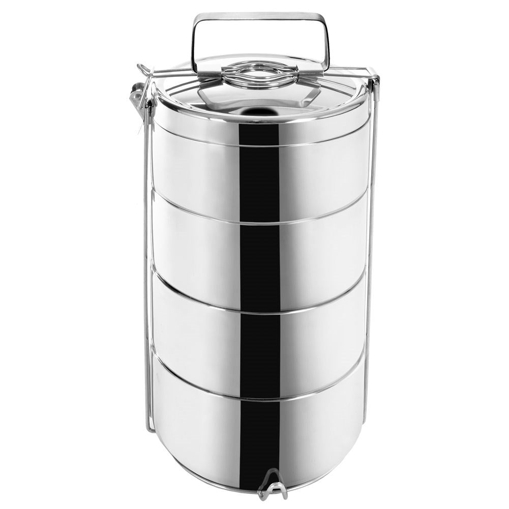 Thermal Lunch Box in Stainless SteelDiscover our thermal lunch box which is perfect for transporting food. The set contains 4 containers, a lid and a stand with a handle. Made of high-quality stainless steel, which ensures durability and long-term use