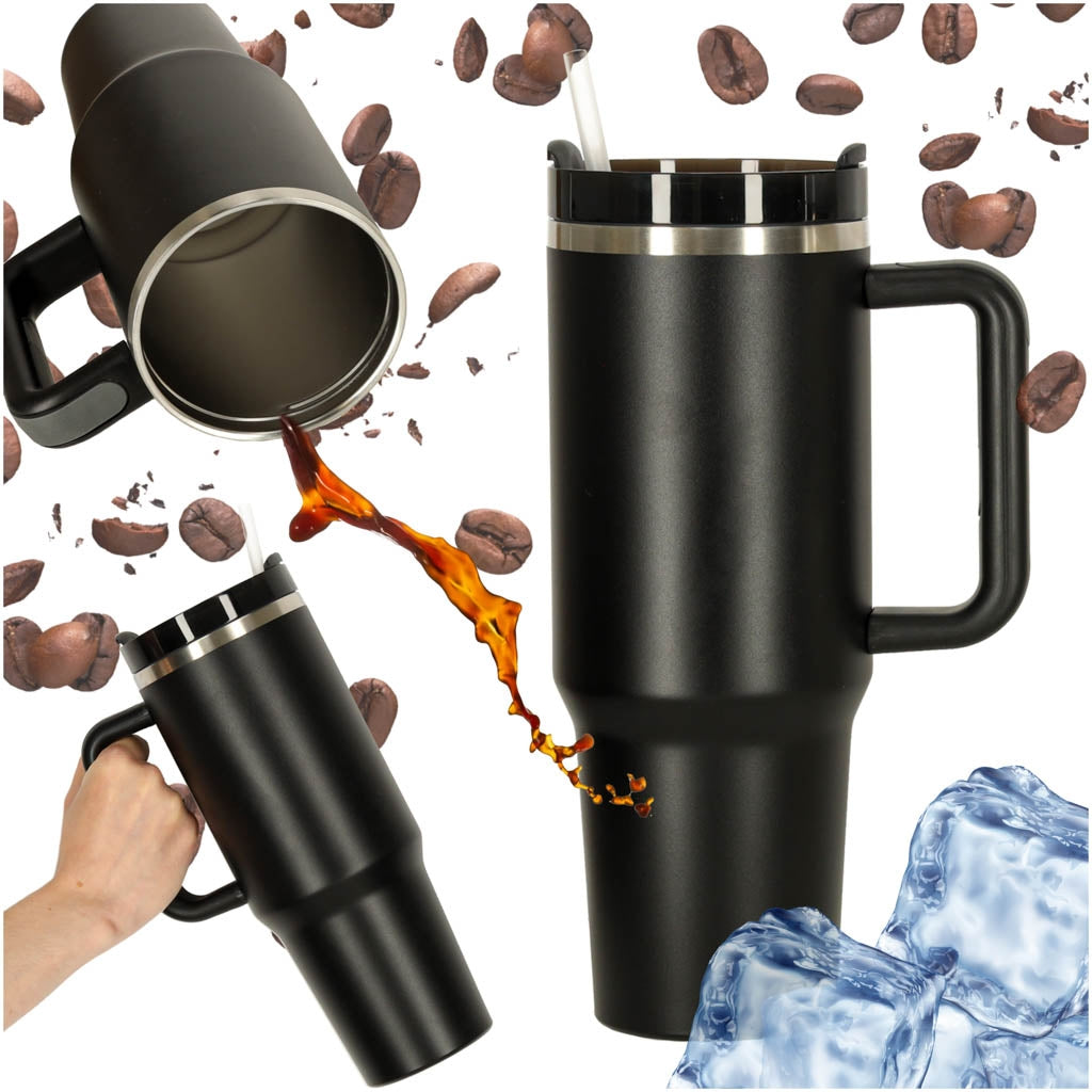 Thermal Mug with Straw & Handle, 1200ml, Black