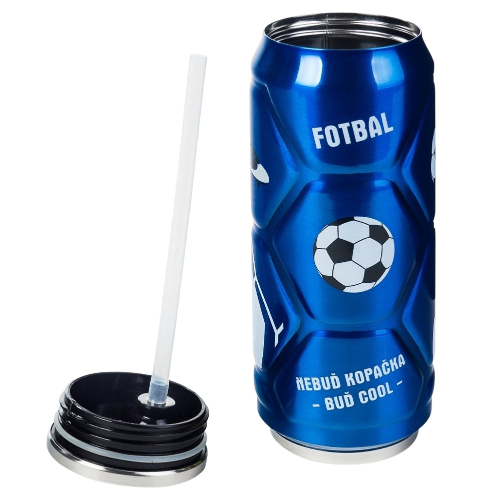 Thermos mug in can form with spout and straw, lasts 12 hours