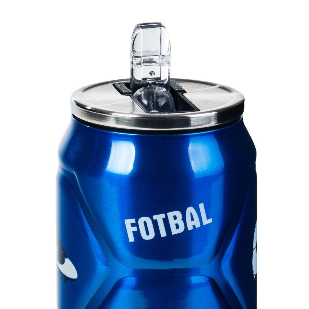 Thermos mug in can form with spout and straw, lasts 12 hours
