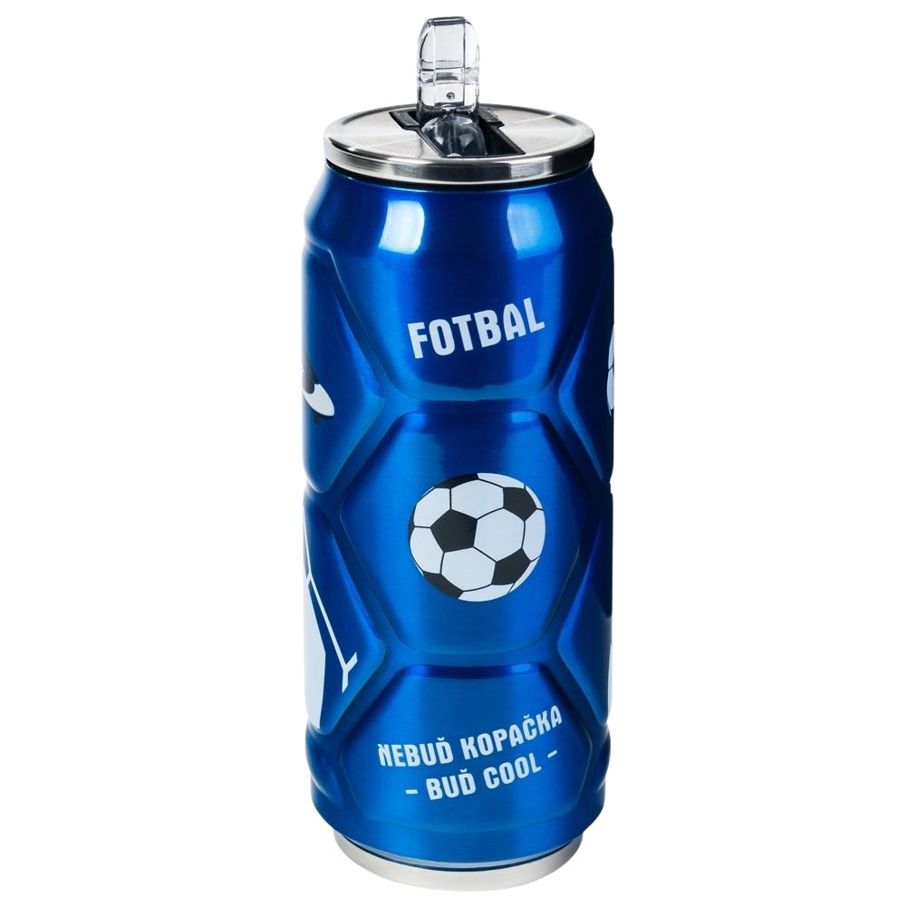 Thermos mug in can form with spout and straw, lasts 12 hours