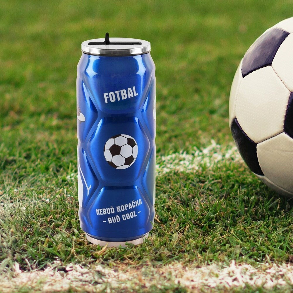 Thermos mug in can form with spout and straw, lasts 12 hours